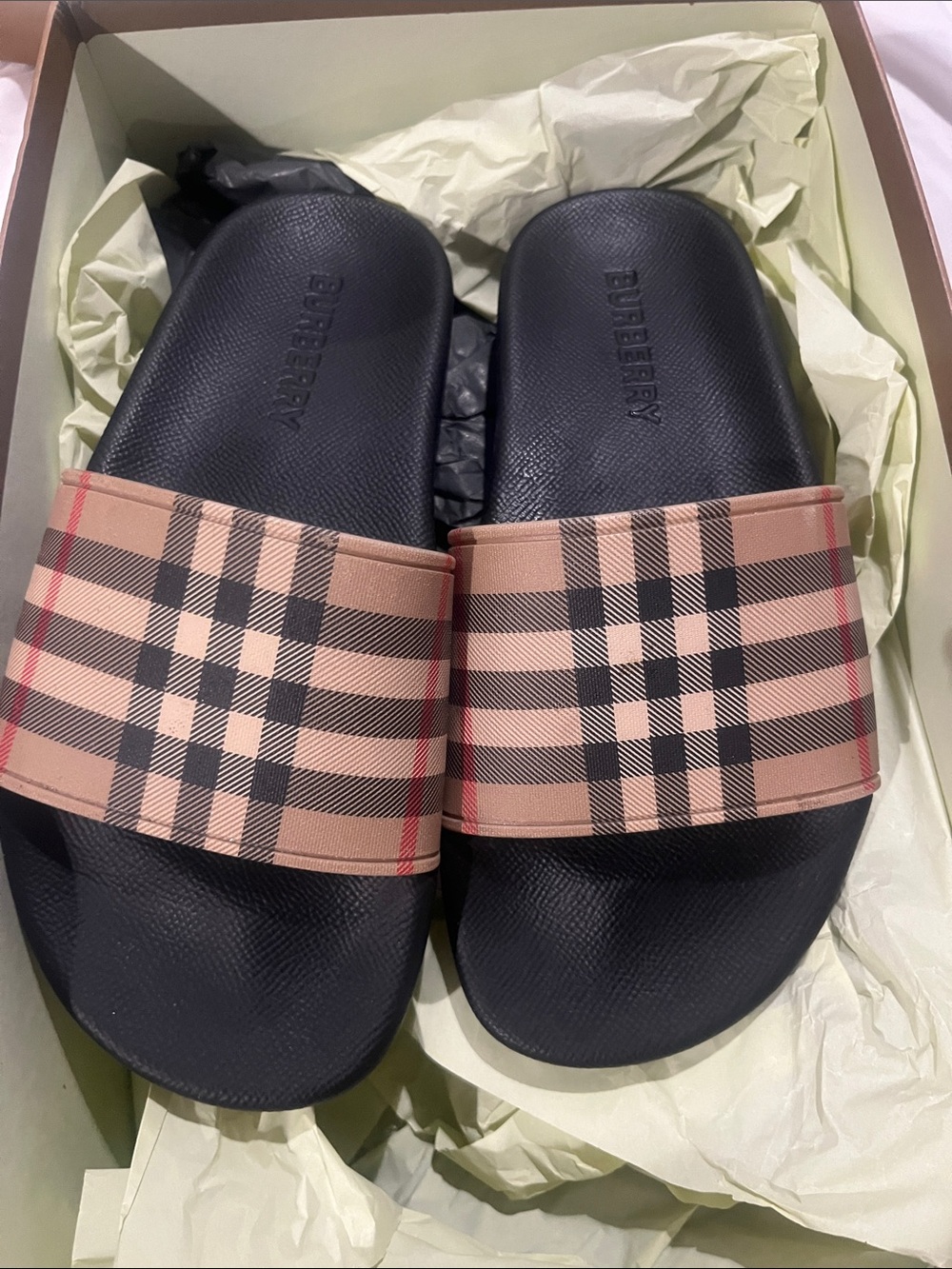 Burberry Black Footbed Slides with Beige Vintage Check Strap